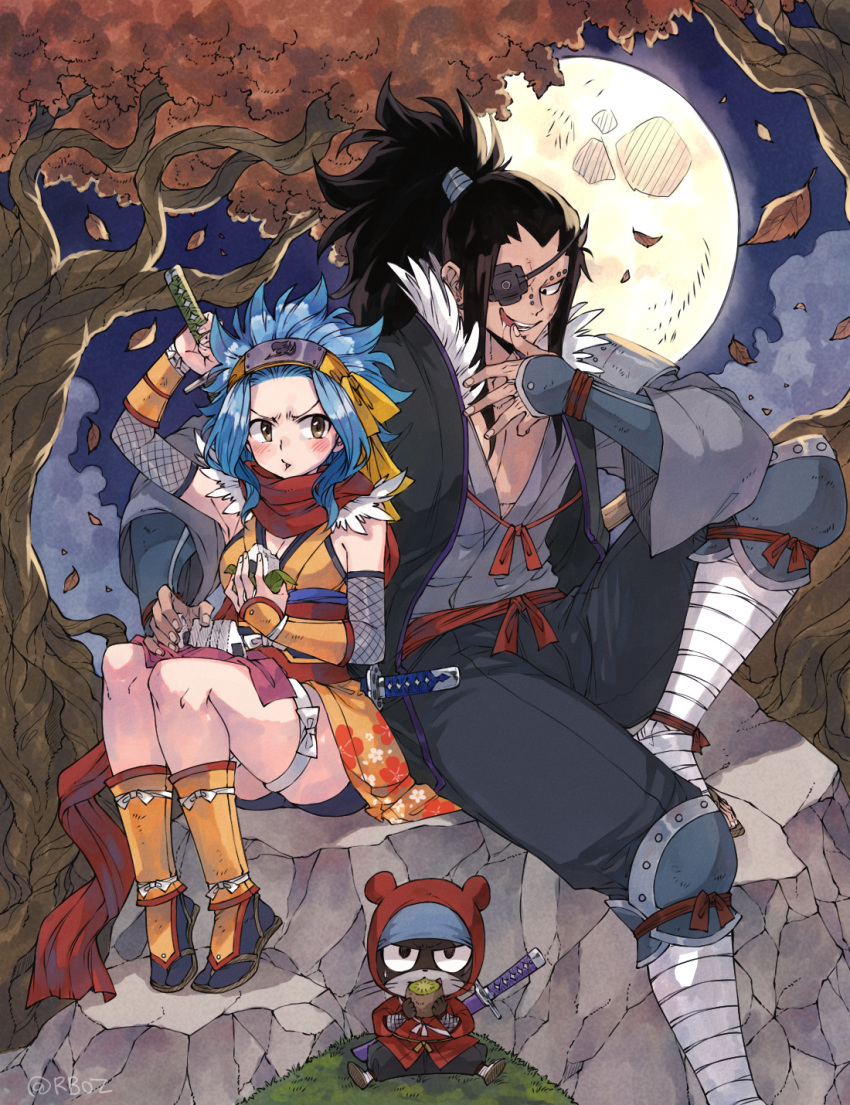 1boy 1girl :d :t bandage bandaged_leg bandages black_hair black_pants blue_hair blush brown_eyes detached_sleeves eyepatch fairy_tail floral_print food forest full_body full_moon gajeel_redfox grey_kimono grey_sleeves headband high_ponytail highres holding holding_food holding_sword holding_weapon japanese_clothes kimono levy_mcgarden long_hair moon nature night nose_piercing onigiri open_mouth orange_kimono outdoors pantherlily pants piercing print_kimono red_ribbon ribbon rusky sheath short_kimono shoulder_armor sitting sleeveless sleeveless_kimono smile sword thigh_ribbon tree unsheathing v-shaped_eyebrows weapon white_ribbon