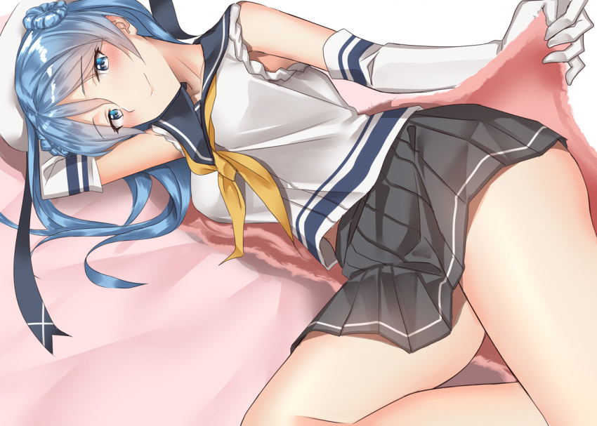 1girl arm_behind_head bangs blue_eyes blue_hair blush breasts closed_mouth double_bun elbow_gloves eyebrows_visible_through_hair gloves grey_skirt hat kantai_collection large_breasts long_hair looking_at_viewer neckerchief pallad pleated_skirt sailor_hat school_uniform serafuku sidelocks skirt sleeves_rolled_up smile solo thighs under_covers urakaze_(kantai_collection) white_gloves white_headwear white_legwear yellow_neckwear