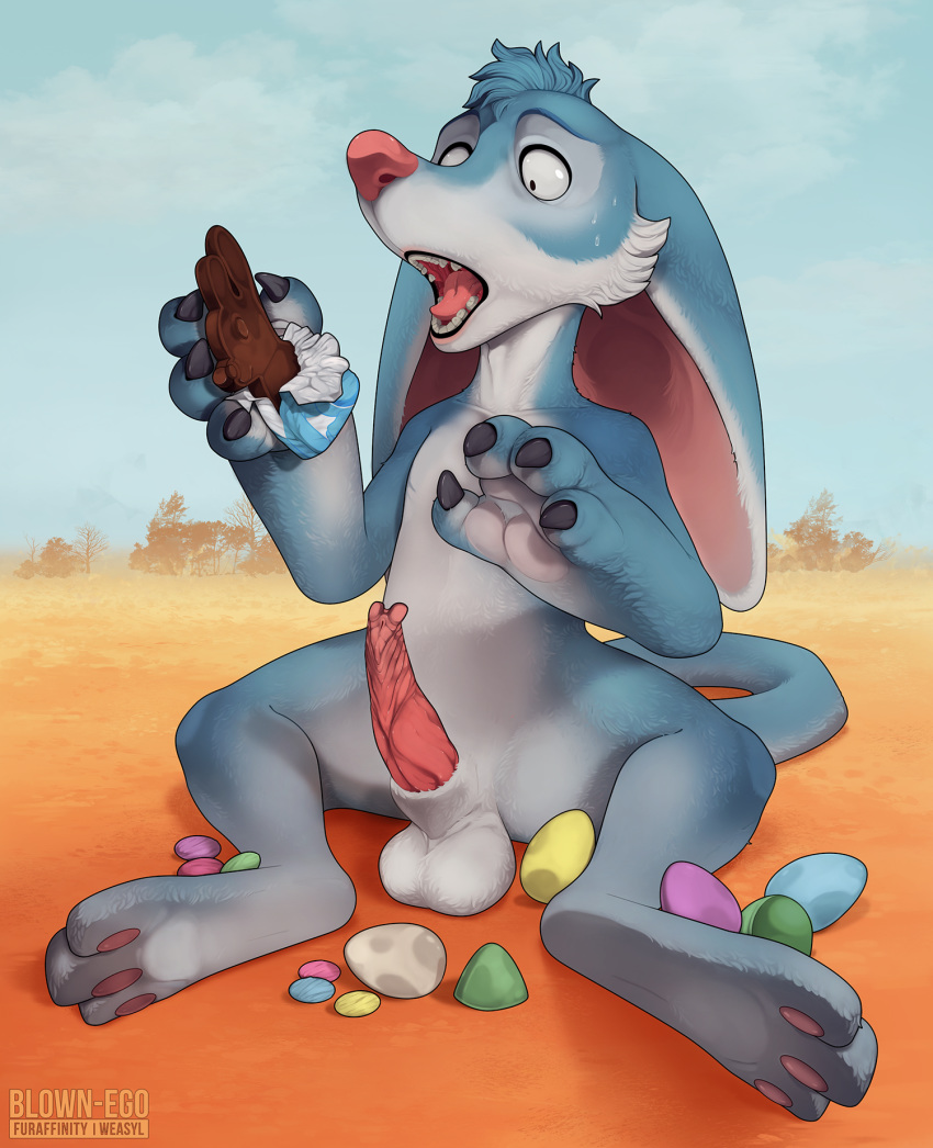 2019 animal_genitalia anthro balls bandicoot bilby bilby_(dreamworks) blown-ego blue_fur candy chocolate conditional_dnp easter egg food fur hi_res holidays male mammal marsupial multicolored_fur nude open_mouth outside pawpads penis shocked simple_background solo sweat white_fur