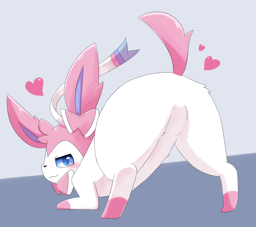 &lt;3 absurd_res all_fours ambiguous_gender blush bow butt eeveelution hi_res looking_at_viewer nintendo pok&eacute;mon pok&eacute;mon_(species) presenting presenting_hindquarters ribbons solo sum sylveon video_games