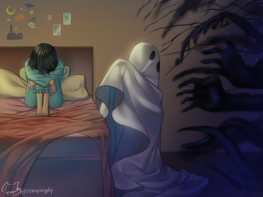 1girl bed child ghost indoors mitake_eiru on_bed original pawoo_username