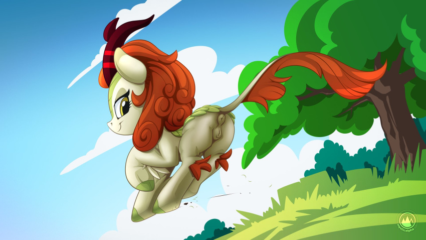 2019 anus autumn_blaze_(mlp) butt cloud female feral friendship_is_magic grass kirin looking_at_viewer looking_back my_little_pony mysticalpha outside presenting presenting_anus presenting_pussy pussy raised_tail sky smile solo tree