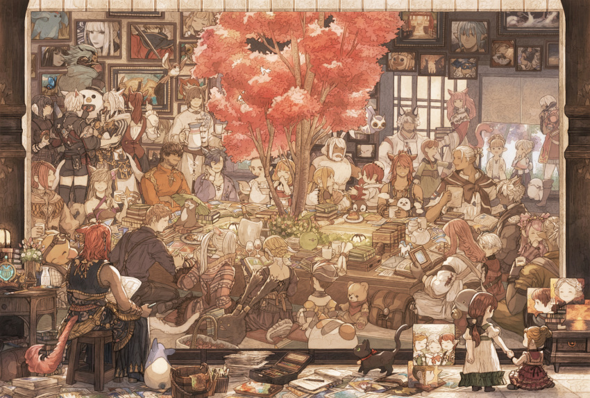 6+boys 6+girls alpha_(ff14) animal_ears au_ra bangs beard black_bow black_gloves black_hair black_legwear blonde_hair blue_hair blue_mage blunt_bangs blush book book_stack bow braid brown_hair bucket bug bunny_ears butterfly cameo carbuncle_(final_fantasy) carrying cat cat_ears cat_tail chocobo closed_mouth commentary_request crossover dark_skin dragon_horns dragon_tail earrings elezen elf everyone eyes_closed facial_hair facing_away facing_viewer fake_animal_ears fat_cat_(ff14) felyne final_fantasy final_fantasy_xiv flower fox_ears french_braid glass gloves hair_bow hand_to_own_mouth hat haurchefant_de_fortemps helmet highres horns hyur indoors insect jewelry jibanyan jug lalafell long_hair looking_at_another looking_at_viewer maekakekamen miqo'te monster_hunter multiple_boys multiple_girls omega-f open_book open_mouth otter paintbrush painting_(object) pink_hair pointy_ears ponytail red_eyes red_hair red_mage samurai_(final_fantasy) short_hair shorts silver_hair sitting sleeveless smile spriggan standing stuffed_animal stuffed_toy swept_bangs tail teddy_bear thighhighs tree twintails viera walking white_hair yotsuyu_(final_fantasy_xiv) youkai_watch