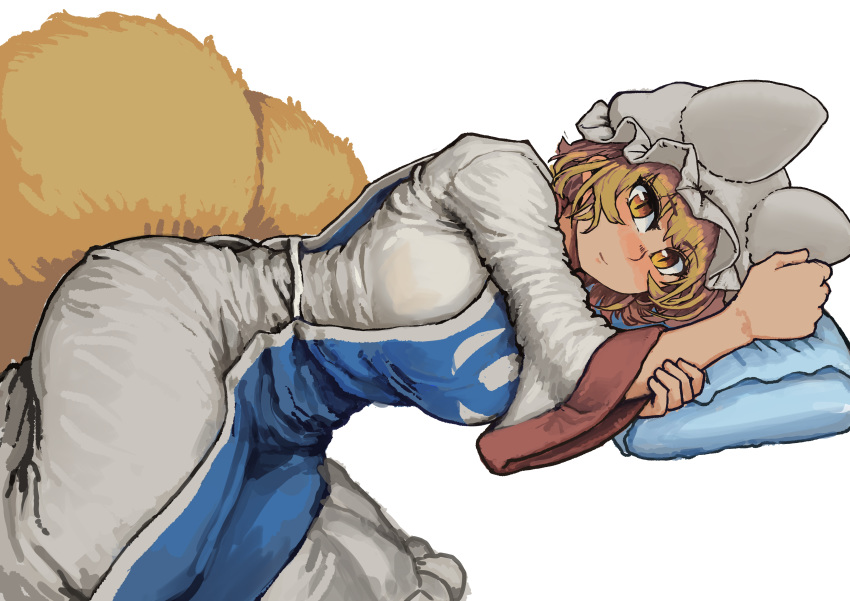 1girl absurdres animal_ears blonde_hair blush breasts chanta_(ayatakaoisii) closed_mouth dress eyebrows_visible_through_hair fox_ears fox_tail hat highres long_sleeves lying multiple_tails on_side pillow_hat solo tabard tail touhou white_background white_dress white_headwear wide_sleeves yakumo_ran yellow_eyes