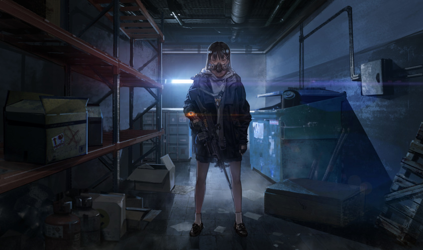 1girl absurdres bangs black_hair box charm_(object) dumpster gas_mask gas_tank gloves glowing gun hair_ornament hairclip highres holding holding_gun holding_weapon indoors jacket jun_(5455454541) long_hair looking_at_viewer open_clothes open_jacket orange_eyes pallet pleated_skirt rifle shelf skirt socks solo standing tom_clancy's_the_division watch weapon white_legwear wristwatch