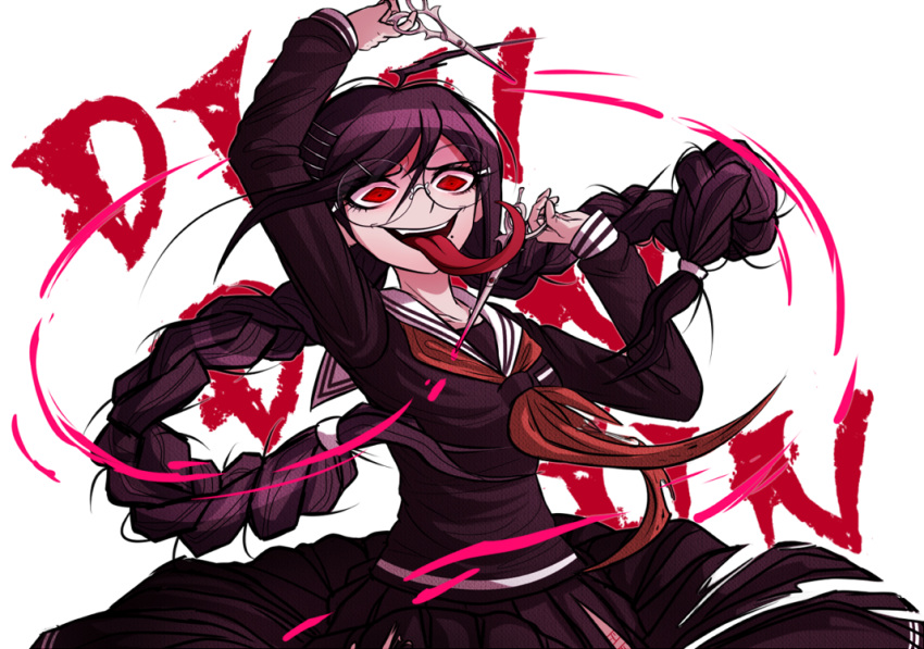 1girl black_hair braid danganronpa danganronpa_1 genocider_shou glasses holding holding_scissors kurokku-tokei long_hair looking_at_viewer mole mole_under_mouth pink_blood red_eyes school_uniform scissors serafuku skirt smile solo spoilers tongue tongue_out twin_braids