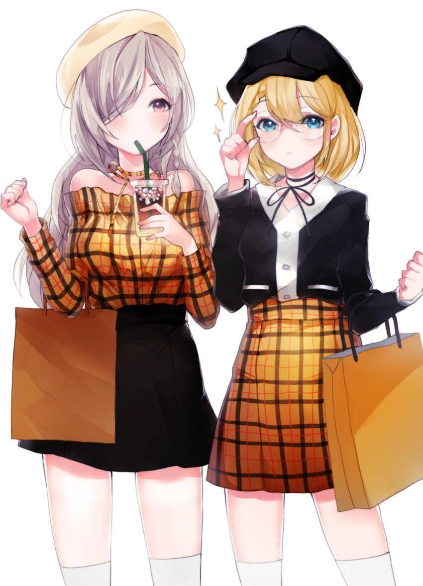 2girls alternate_costume bag beret blonde_hair blouse blue_eyes coffee cup disposable_cup drinking_straw eyebrows_visible_through_hair g36_(girls_frontline) g36c_(girls_frontline) girls_frontline glasses hair_over_one_eye hat highres ice ice_cube iced_coffee multiple_girls peanutc purple_eyes shopping shopping_bag siblings sisters thighhighs white_hair