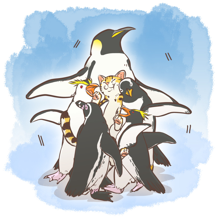 animal animalization bird commentary_request emperor_penguin emperor_penguin_(kemono_friends) gentoo_penguin gentoo_penguin_(kemono_friends) highres humboldt_penguin humboldt_penguin_(kemono_friends) kemono_friends margay margay_(kemono_friends) no_humans penguin penguins_performance_project_(kemono_friends) rockhopper_penguin rockhopper_penguin_(kemono_friends) royal_penguin royal_penguin_(kemono_friends) sandwiched taoi_(taoi58829762)