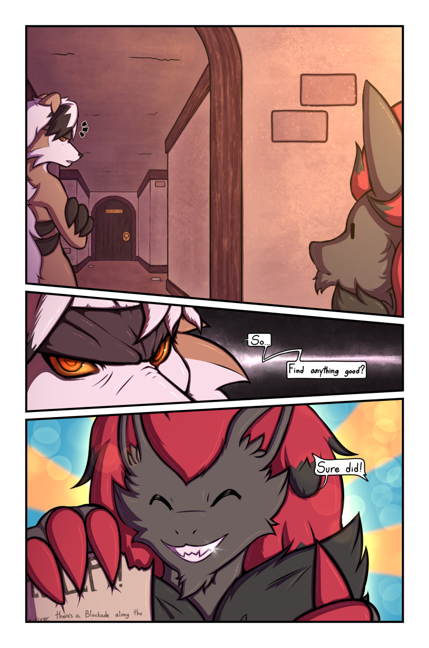 ... 007delta 2019 aiden_laninga canid canine cappuccinocat claws close-up comic detailed_background dialogue dominic_armois door duo english_text eyes_closed fur hallway happy headband inside jokoifu lycanroc male mammal midnight_lycanroc nintendo paper pok&eacute;mon pok&eacute;mon_(species) pok&eacute;mon_mystery_dungeon red_claws smile sunlight text video_games wanderlust white_fur yellow_eyes zoroark