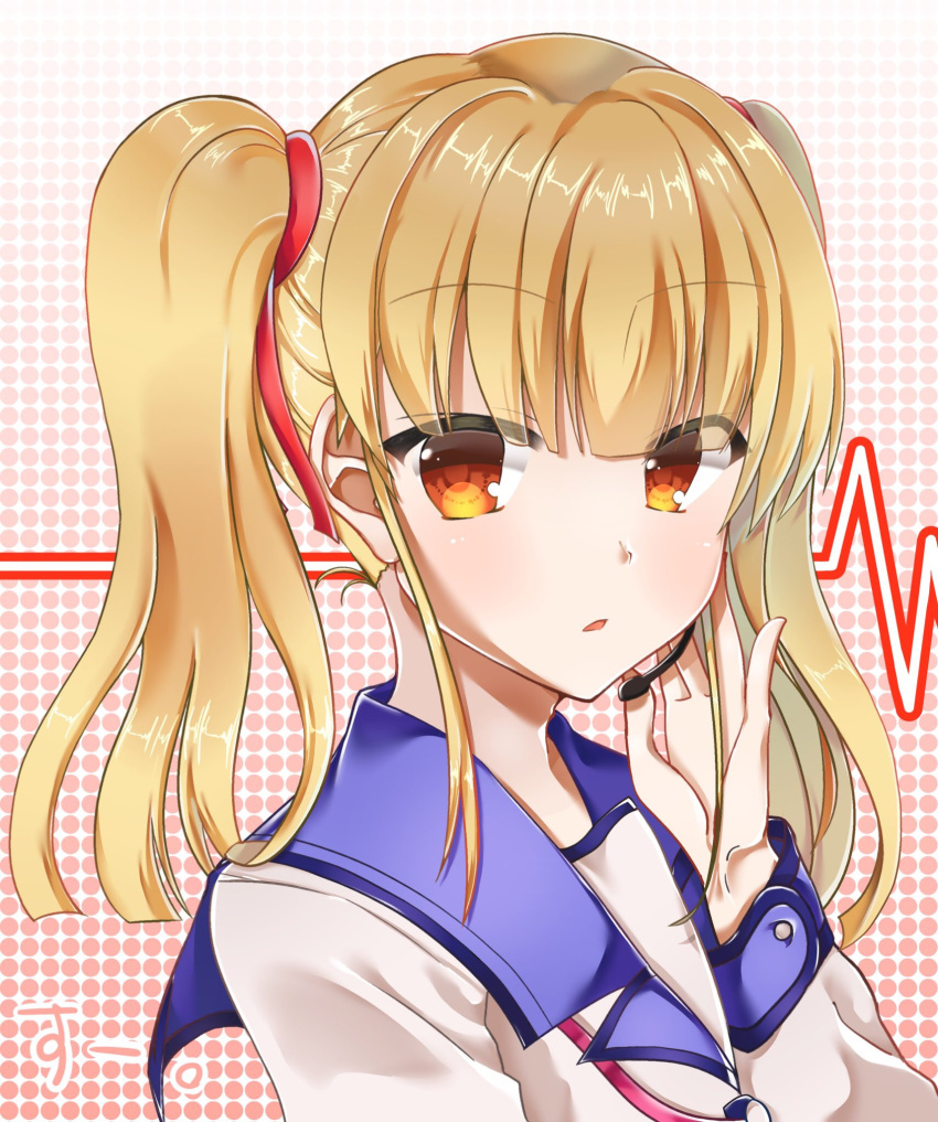 1girl angel_beats! bangs blonde_hair commentary_request dotted_background eyebrows_visible_through_hair eyes_visible_through_hair hair_ornament hair_ribbon hand_to_headset headset highres key_(company) long_hair long_sleeves looking_at_viewer looking_to_the_side microphone open_eyes open_mouth orange_eyes ribbon shinda_sekai_sensen_uniform shirt solo twintails upper_body white_shirt yusa_(angel_beats!) zuzuhashi