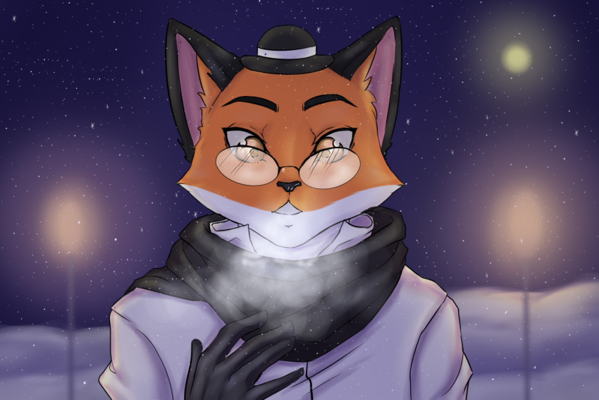 amber ambiguous_gender bow_tie bowler_hat canid canine classy clothing cold digital_media_(artwork) dis dis_the_fox eye-wear eyewear female feral fox foxxo fur gloves hat hi_res mammal simple_background smile solo winter