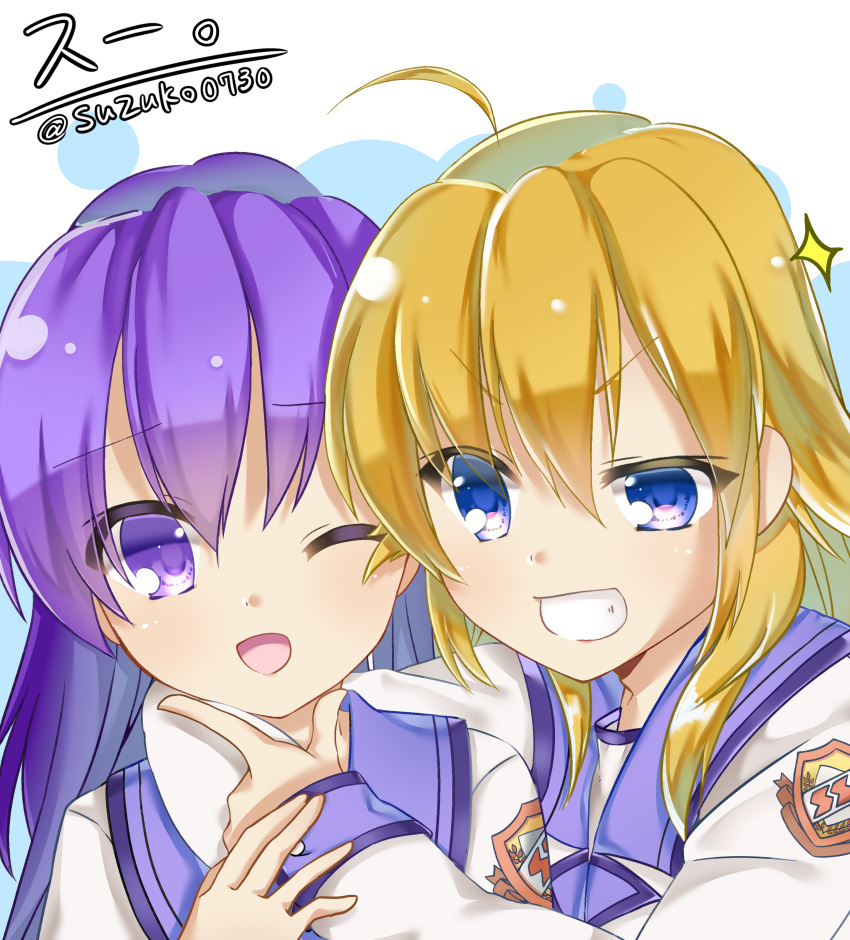 2girls absurdres angel_beats! bangs blonde_hair blue_eyes commentary_request eyebrows_visible_through_hair eyes_visible_through_hair grin hair_between_eyes hair_down highres irie_(angel_beats!) key_(company) long_hair long_sleeves looking_at_viewer multiple_girls one_eye_closed open_eyes open_mouth purple_eyes purple_hair sekine shinda_sekai_sensen_uniform shirt simple_background smile touching_another's_chin upper_body white_shirt zuzuhashi