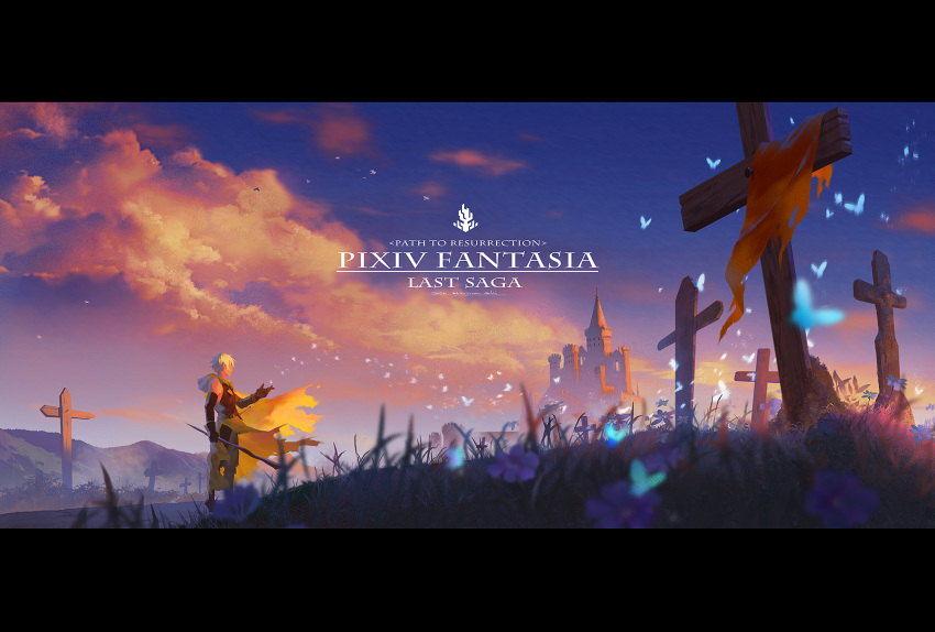 1boy alex_the_sage_in_yellow bird black_gloves bug butterfly castle cloud flower gloves graveyard highres hood hood_down insect letterboxed lost_elle outdoors pixiv_fantasia pixiv_fantasia_last_saga profile short_hair solo standing sunset sword walking_stick weapon white_hair yellow_cloak