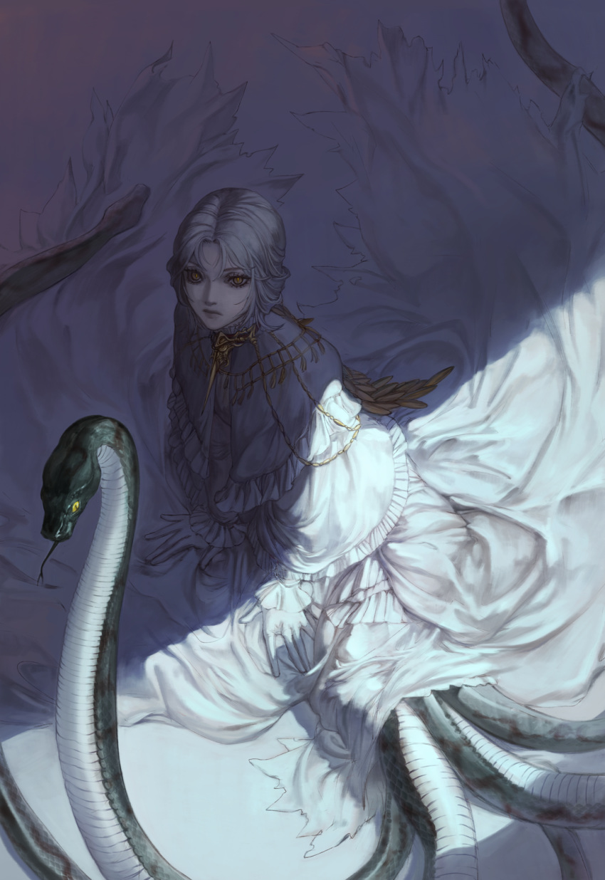 1boy arm_support chain chains choker closed_mouth commentary_request crossdressing dark dark_souls dark_sun_gwyndolin dress eyelashes forked_tongue frill_trim full_body gloves gold_chain highres lips long_dress long_hair looking_at_viewer moonlight no_headwear no_helmet on_floor shawl snake solo souls_(from_software) spike tassel tb_(lycoris13) tentacle tongue trap white_dress white_gloves white_hair yellow_eyes yellow_pupils