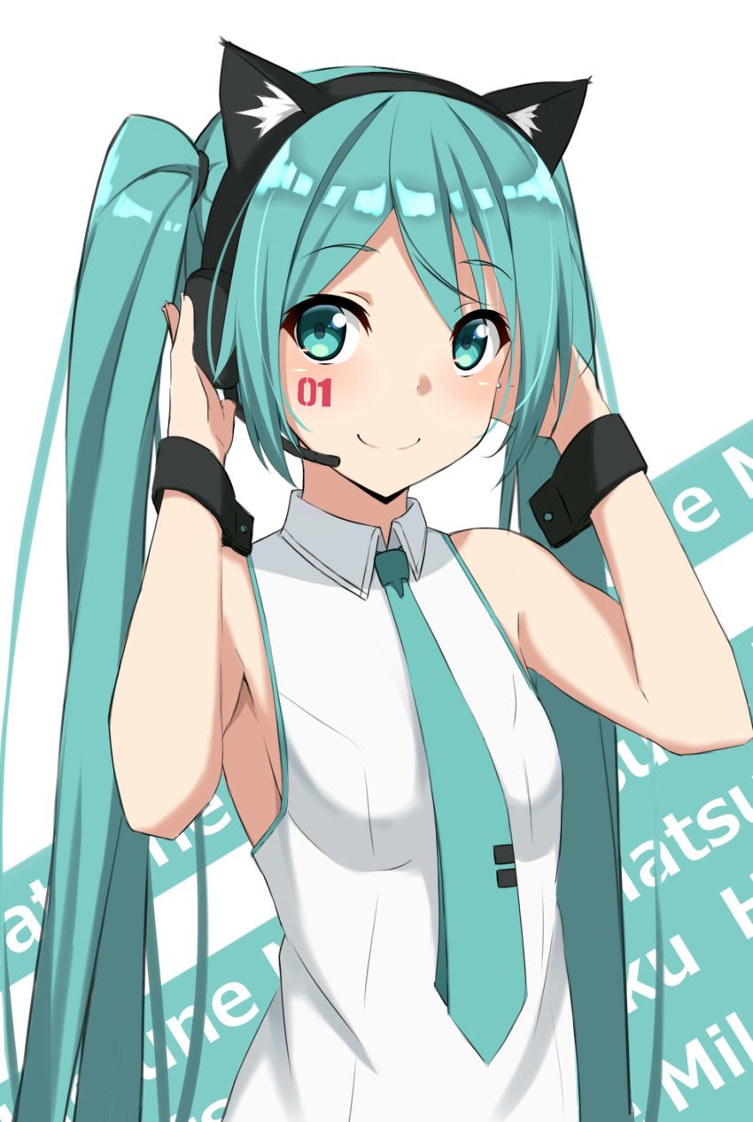 1girl animal_ear_fluff animal_ears bangs bare_shoulders blush breasts cat_ear_headphones cat_ears character_name closed_mouth collared_shirt commentary_request eyebrows_visible_through_hair facial_mark green_background green_eyes green_hair green_neckwear hands_on_headphones hands_up hatsune_miku headphones headset highres kohakope necktie shirt sleeveless sleeveless_shirt small_breasts smile solo tie_clip two-tone_background upper_body vocaloid white_background white_shirt wrist_cuffs