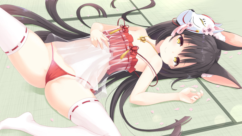 animal_ears ass azur_lane black_hair brown_eyes flat_chest fox_ears hand_on_own_stomach highres jewelry long_hair lying mask mask_on_head nagato_(azur_lane) navel necklace on_back panties red_panties smile spread_legs strapless tenjou_ryuka thighhighs tubetop underwear very_long_hair white_legwear