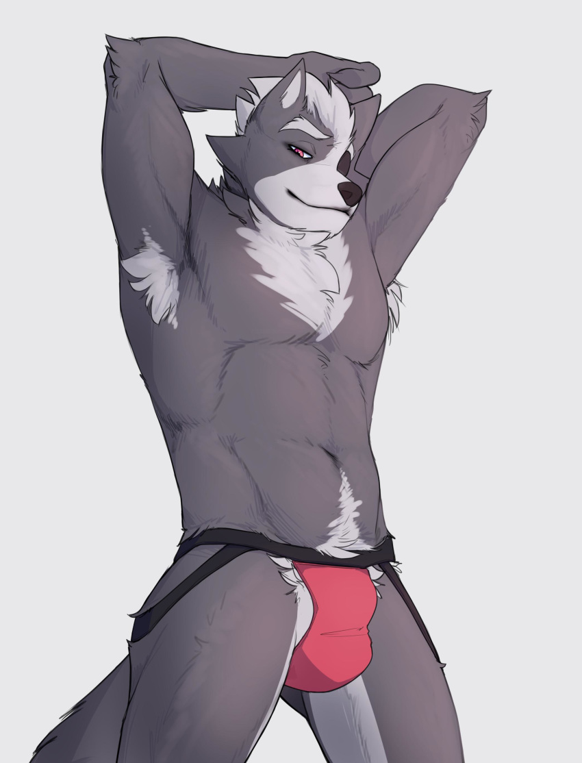 2019 anthro armpit_hair canid canine canis clothing eye_patch eyewear fetchmonkey fur grey_fur hi_res looking_at_viewer male mammal muscular muscular_male nintendo smile solo standing star_fox thong video_games wolf wolf_o'donnell