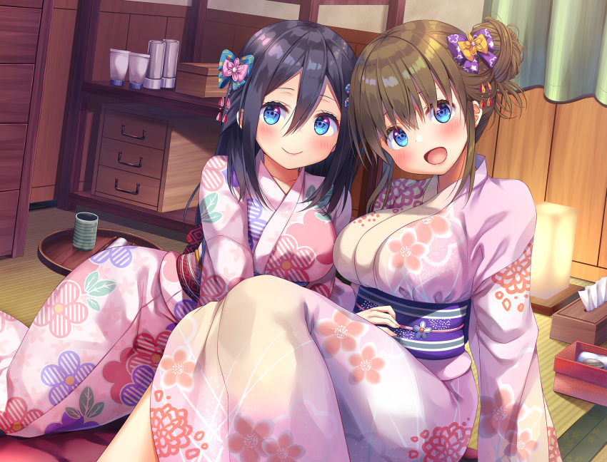 2girls black_hair blue_eyes blush bow breasts brown_hair chest_of_drawers cup curtains floral_print hair_between_eyes hair_bow haru_(whisp) highres indoors japanese_clothes kimono lamp large_breasts looking_at_viewer mimikaki_rifure multiple_girls official_art ointment open_mouth pink_kimono purple_bow shion_(whisp) sidelocks sitting smile tissue_box tray