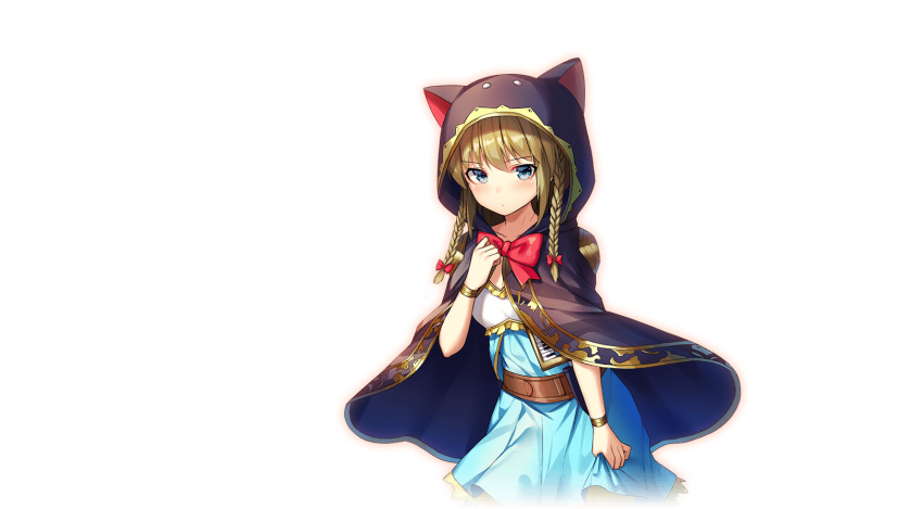 1girl animal_hood bangs blue_dress blue_eyes blush bow bracelet braid brown_hair cape cat_hood dress girls_symphony hand_up highres hood hooded_cape jewelry keyboard_print looking_at_viewer medium_hair official_art red_bow skirt_hold solo transparent_background twin_braids