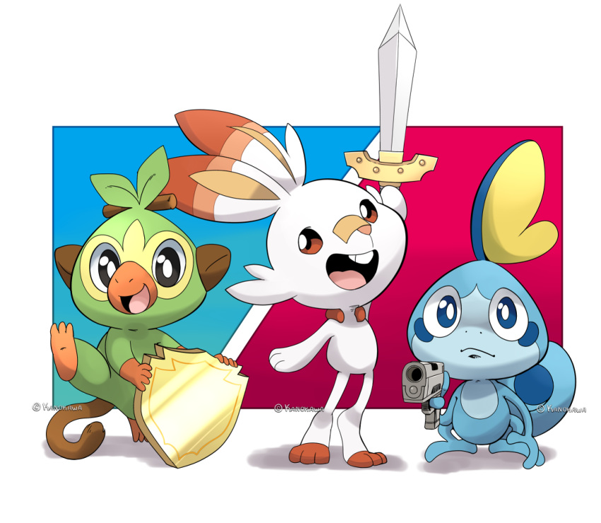 :d black_eyes blue_eyes brown_eyes bunny commentary creature creatures_(company) english_commentary full_body game_freak gen_8_pokemon grookey gun holding holding_gun holding_shield holding_sword holding_weapon kanokawa nintendo no_humans open_mouth pokemon pokemon_(creature) pun scorbunny shadow shield signature smile sobble standing sword weapon when_you_see_it