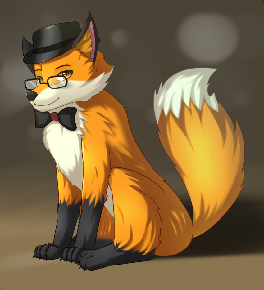 amber ambiguous_gender bow_tie canid canine classy clothing digital_media_(artwork) dis dis_the_fox eye-wear eyewear female feral fox foxxo fur hat hi_res looking_at_viewer mammal necktie simple_background smile solo suit