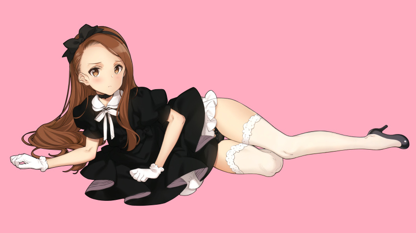 1girl absurdres bangs black_dress black_panties blush bow brown_eyes brown_hair choker closed_mouth dress frown full_body gloves hair_bow hair_ribbon hairband high_heels highres idolmaster idolmaster_(classic) long_hair looking_at_viewer lying minase_iori on_side ooyari_ashito panties parted_bangs pink_background ribbon ribbon_choker scan simple_background single_sidelock solo stitched thigh_gap thighhighs third-party_edit underwear white_gloves white_legwear