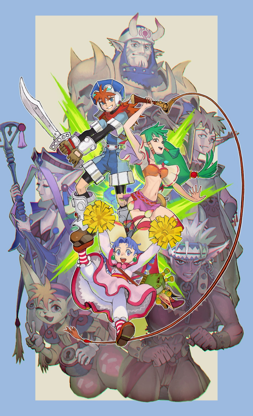 4girls armor blue_eyes breasts cleavage closed_mouth commentary_request dark_skin earrings feena_(grandia) gadwin_(grandia) gloves grandia grandia_i green_hair groin guido_(grandia) hair_ornament hair_tubes hat headband highres jewelry justin_(grandia) liete_(grandia) long_hair looking_at_viewer low-tied_long_hair midriff milda_(grandia) multiple_boys multiple_girls muscle navel necklace open_mouth pointy_ears purple_eyes purple_hair puui_(grandia) rapp_(grandia) red_hair skirt smile sue_(grandia) sword thighhighs urasato weapon wide_sleeves