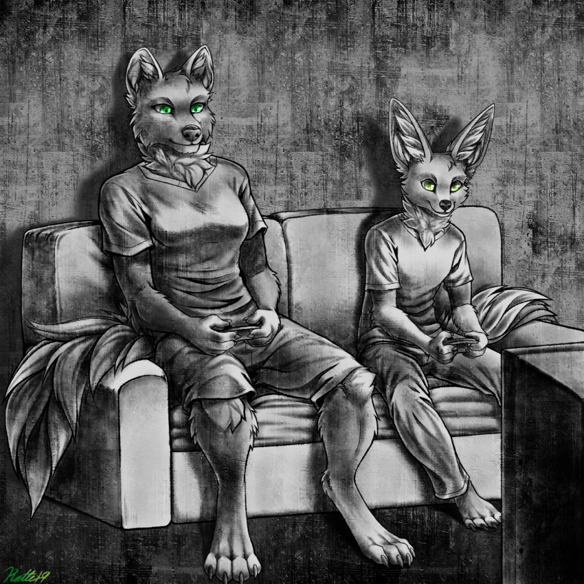 2019 4_toes 5_fingers anthro barefoot black_nose borophagine breasts canid canine clothed clothing conditional_dnp digital_media_(artwork) digitigrade duo epicyon female fennec fenrick fox fur green_eyes hi_res holding_object hybrid male mammal milly_(millcore) plantigrade ratte sitting smile toes