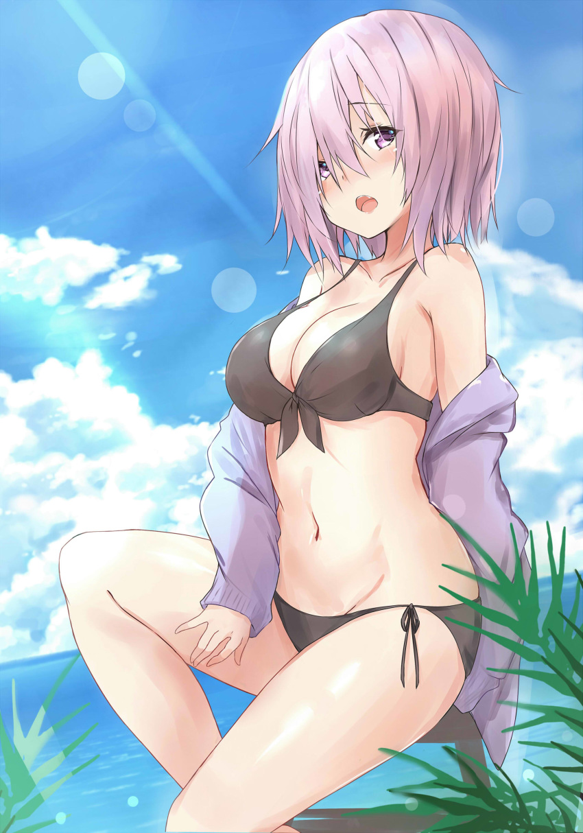 1girl absurdres bikini black_bikini blush breasts cleavage cloud commentary_request fate/grand_order fate_(series) front-tie_top hand_on_thigh highres jacket large_breasts lavender_eyes lavender_hair mash_kyrielight navel open_mouth saku_(kudrove) short_hair shrug_(clothing) side-tie_bikini sky solo sunlight swimsuit thighs water