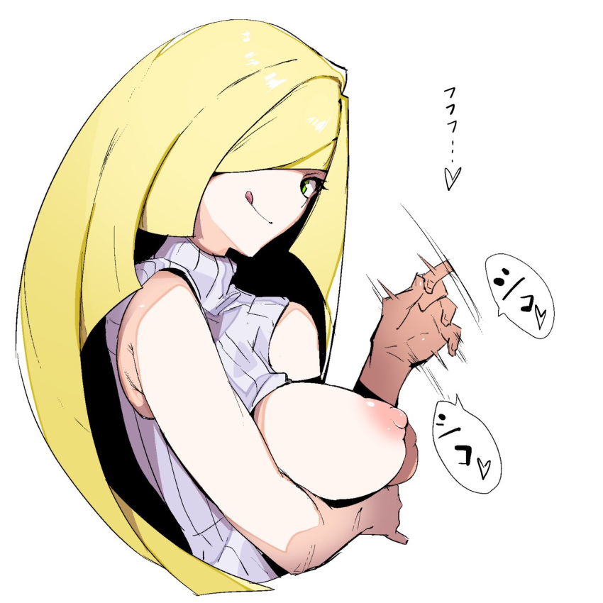 1girl :q bare_arms blonde_hair breast_hold breasts breasts_outside commentary_request creatures_(company) cropped_torso game_freak green_eyes hair_over_one_eye handjob_gesture highres jikatarou long_hair looking_at_viewer lusamine_(pokemon) medium_breasts motion_blur nintendo nipples pokemon pokemon_(game) pokemon_sm ribbed_sweater simple_background sleeveless_sweater solo sweater tongue tongue_out turtleneck turtleneck_sweater very_long_hair white_background white_sweater