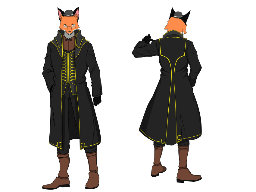 amber ambiguous_gender anthro blek_catanggo bow_tie bowler_hat canid canine classy clothing coat corvo cosplay digital_media_(artwork) dis dis_the_fox dishonored eye-wear eyewear female fox foxxo fur game_(disambiguation) hat hi_res mammal smile suit