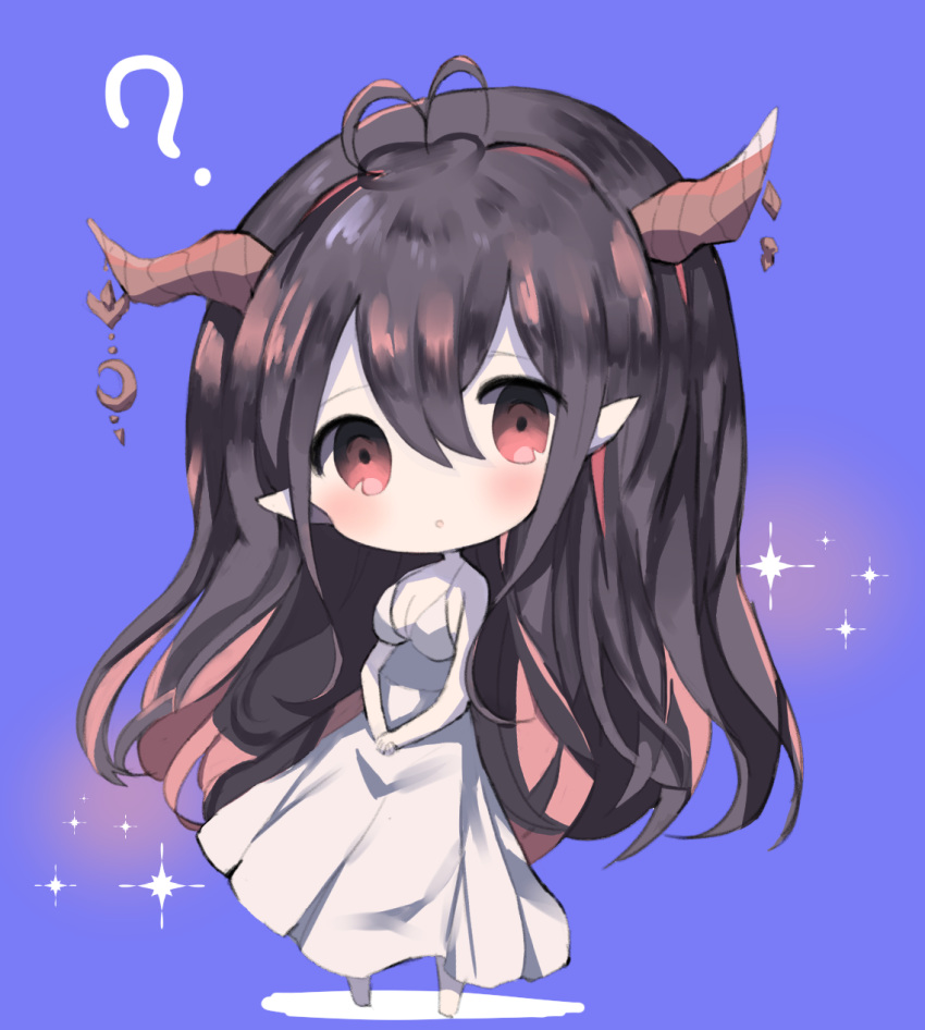 1girl :o ? antenna_hair bangs bare_arms bare_shoulders barefoot blush breasts brown_hair chibi cleavage cottontailtokki crescent danua draph dress eyebrows_visible_through_hair full_body granblue_fantasy hair_between_eyes highres horn_ornament horns long_hair medium_breasts multicolored_hair parted_lips pointy_ears red_eyes sleeveless sleeveless_dress solo sparkle standing two-tone_hair very_long_hair white_dress