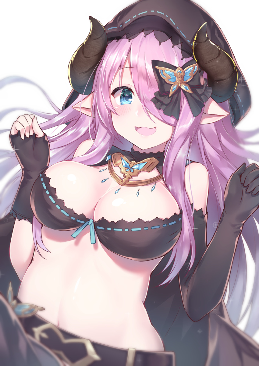 asymmetrical_gloves bare_shoulders belt black_bow black_bra black_gloves blurry blush bow bra breasts butterfly_hair_ornament cleavage depth_of_field draph elbow_gloves fingerless_gloves gloves granblue_fantasy hair_ornament hair_over_one_eye highres hood horns large_breasts long_hair looking_at_viewer mismatched_gloves narmaya_(granblue_fantasy) narumeia_(granblue_fantasy) navel open_mouth pink_hair pointy_ears ribbon_trim robe shiny shiny_hair simple_background smile solo topia underwear wavy_mouth white_background
