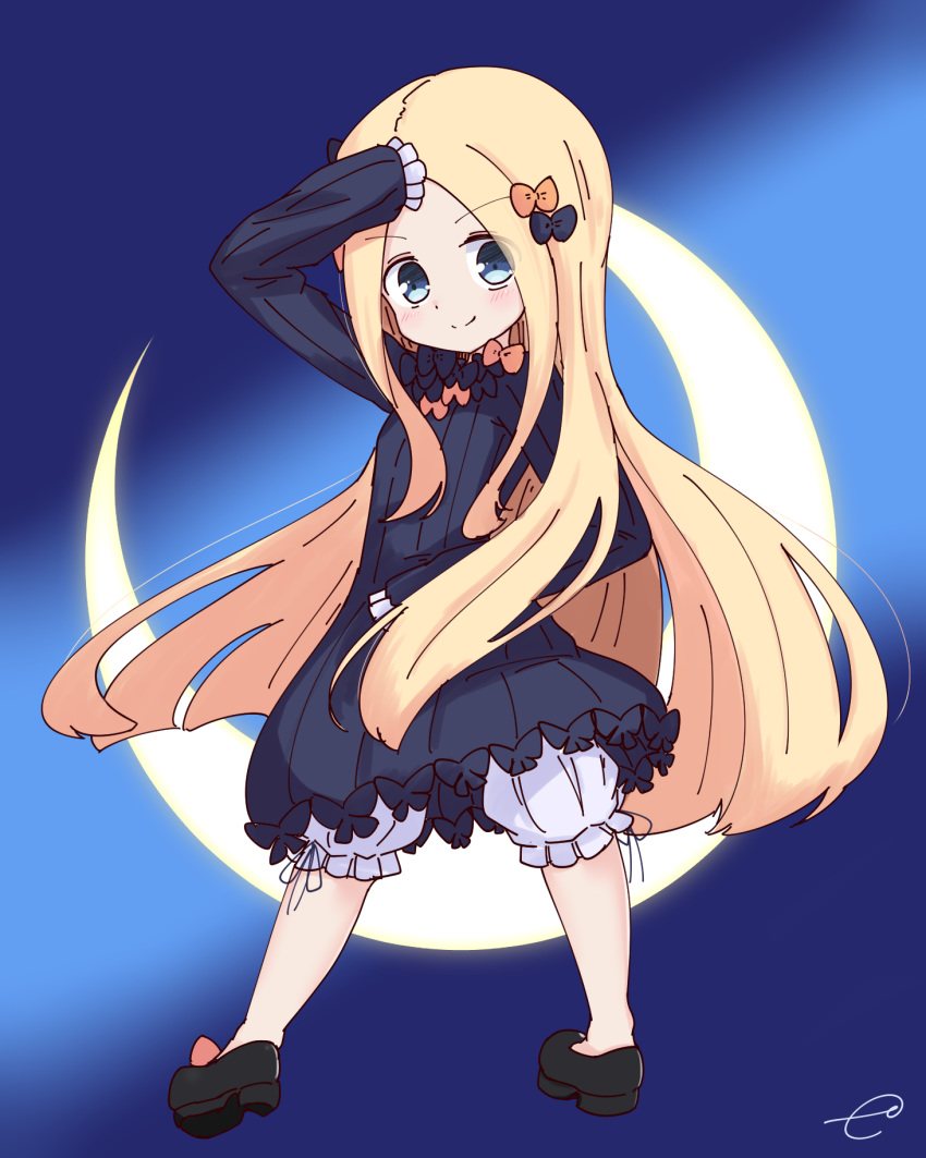 &gt;:) 1girl abigail_williams_(fate/grand_order) arm_up bangs black_bow black_dress black_footwear blonde_hair bloomers blue_background blue_eyes blush bow bug butterfly closed_mouth commentary_request crescent_moon dress error fate/grand_order fate_(series) forehead full_body hair_bow head_tilt highres insect kujou_karasuma long_hair long_sleeves moon no_hat no_headwear orange_bow parted_bangs shoes signature sleeves_past_fingers sleeves_past_wrists smile solo standing underwear v-shaped_eyebrows very_long_hair white_bloomers