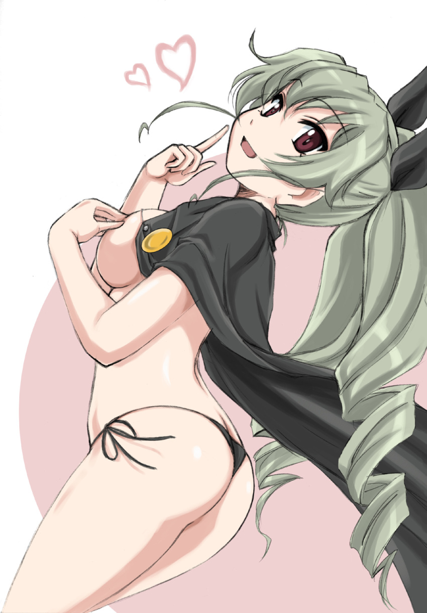 1girl :d anchovy arched_back areola_slip areolae ass bangs black_panties black_ribbon border breasts cape covering_nipples cowboy_shot drill_hair eyebrows eyebrows_visible_through_hair finger_to_cheek flat_ass from_side girls_und_panzer green_hair hair_between_eyes hair_ribbon hand_on_breast heart highres large_breasts long_hair looking_at_viewer open_mouth panties red_background red_eyes ribbon side-tie_panties sideboob smile solo topless twin_drills twintails two-tone_background underwear wan'yan_aguda white_background white_border