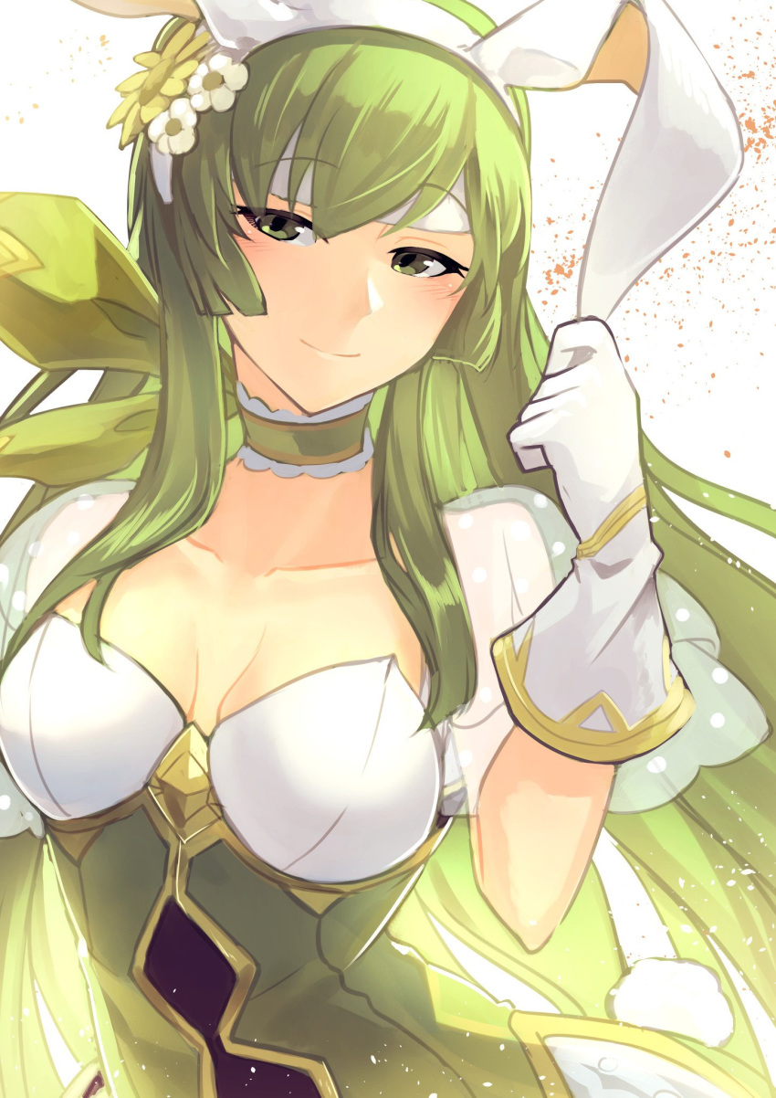 1girl animal_ears bare_shoulders blush bow bowtie breasts bunny_ears bunny_girl bunny_tail bunnysuit elbow_gloves fake_animal_ears fire_emblem fire_emblem:_monshou_no_nazo fire_emblem_heroes gloves green_eyes green_hair headband highres long_hair looking_at_viewer medium_breasts nakabayashi_zun nintendo pantyhose paola pegasus_knight smile solo tail