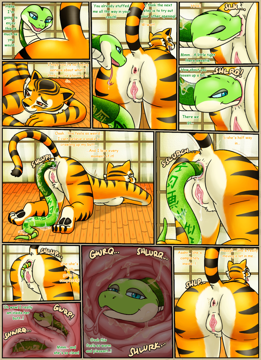 anal anal_penetration anal_vore anthro anus breasts clitoris dreamworks duo felid female half-closed_eyes hi_res kung_fu_panda living_dildo livinlovindude looking_back mammal master_tigress master_viper open_mouth paws penetration pussy reptile scalie snake vore