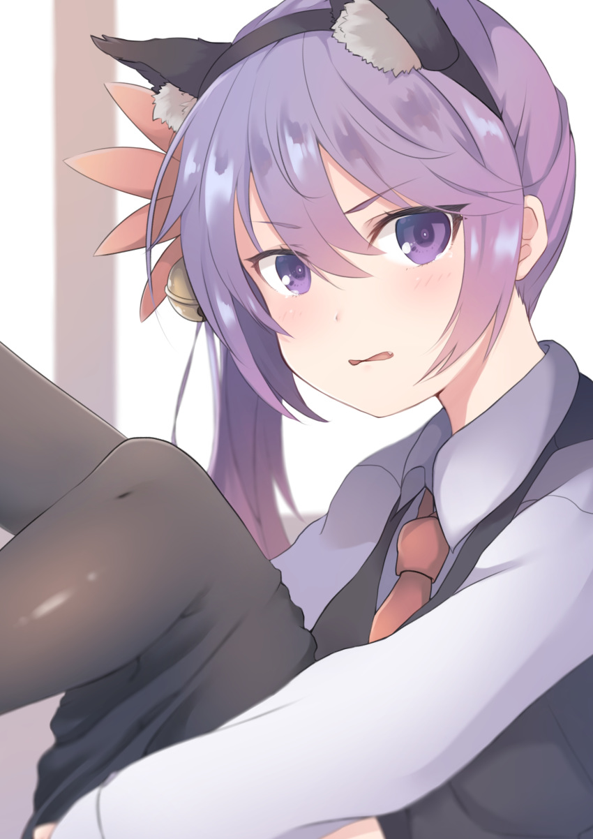 1girl absurdres akebono_(kantai_collection) alternate_costume animal_ear_fluff animal_ears bell black_hairband black_vest blush brown_legwear cat_ears collared_shirt commentary dyson_(edaokunnsaikouya) embarrassed fake_animal_ears flower frown grey_shirt hair_bell hair_flower hair_ornament hairband highres jingle_bell kantai_collection knee_up knees knees_up leg_up looking_at_viewer necktie pantyhose pantyhose_pull purple_eyes purple_hair revision shirt side_ponytail vest window