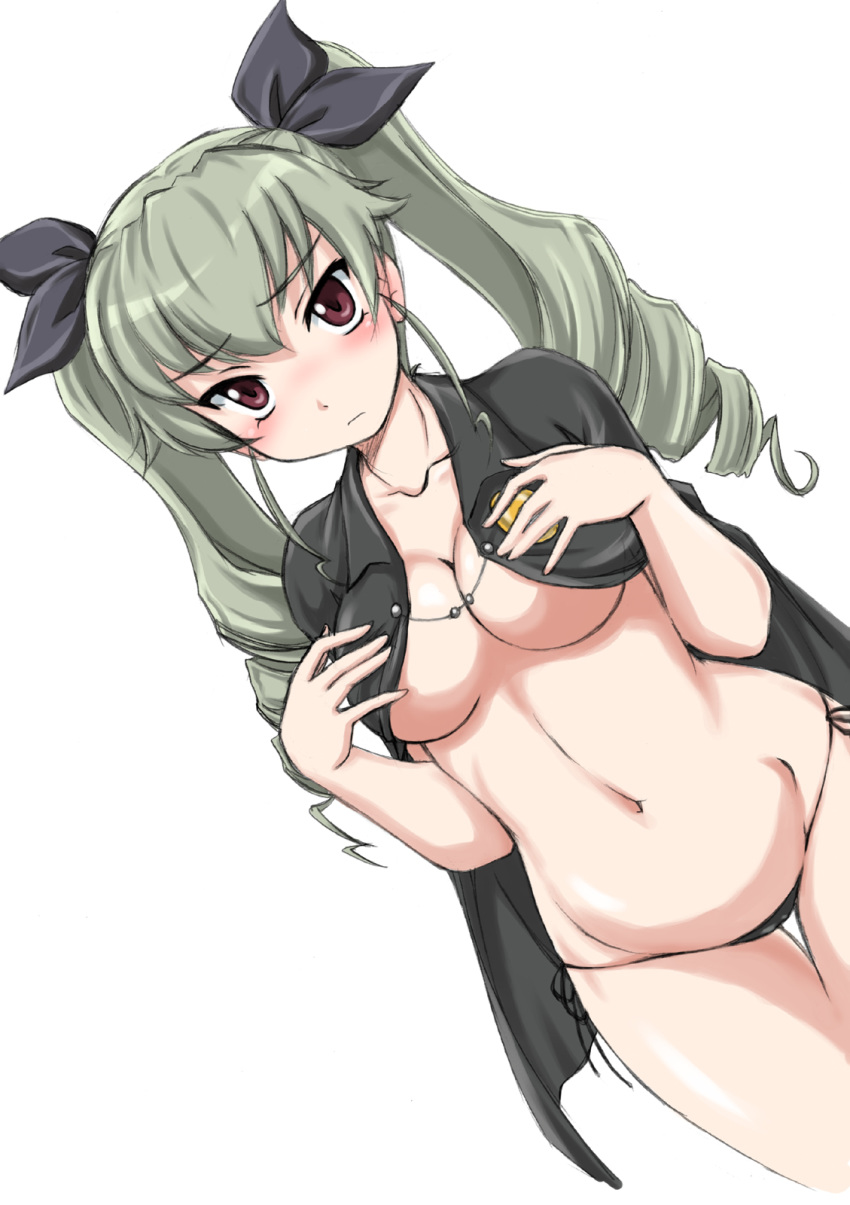 1girl anchovy bangs black_cape black_panties black_ribbon blush breasts cape cleavage closed_mouth collarbone cowboy_shot dress drill_hair eyebrows_visible_through_hair frown girls_und_panzer grey_hair groin hair_ribbon hands_on_own_chest highres long_hair looking_at_viewer medium_breasts navel no_bra nose_blush panties red_eyes ribbon side-tie_panties simple_background solo standing thigh_gap twin_drills twintails underboob underwear wan'yan_aguda white_background