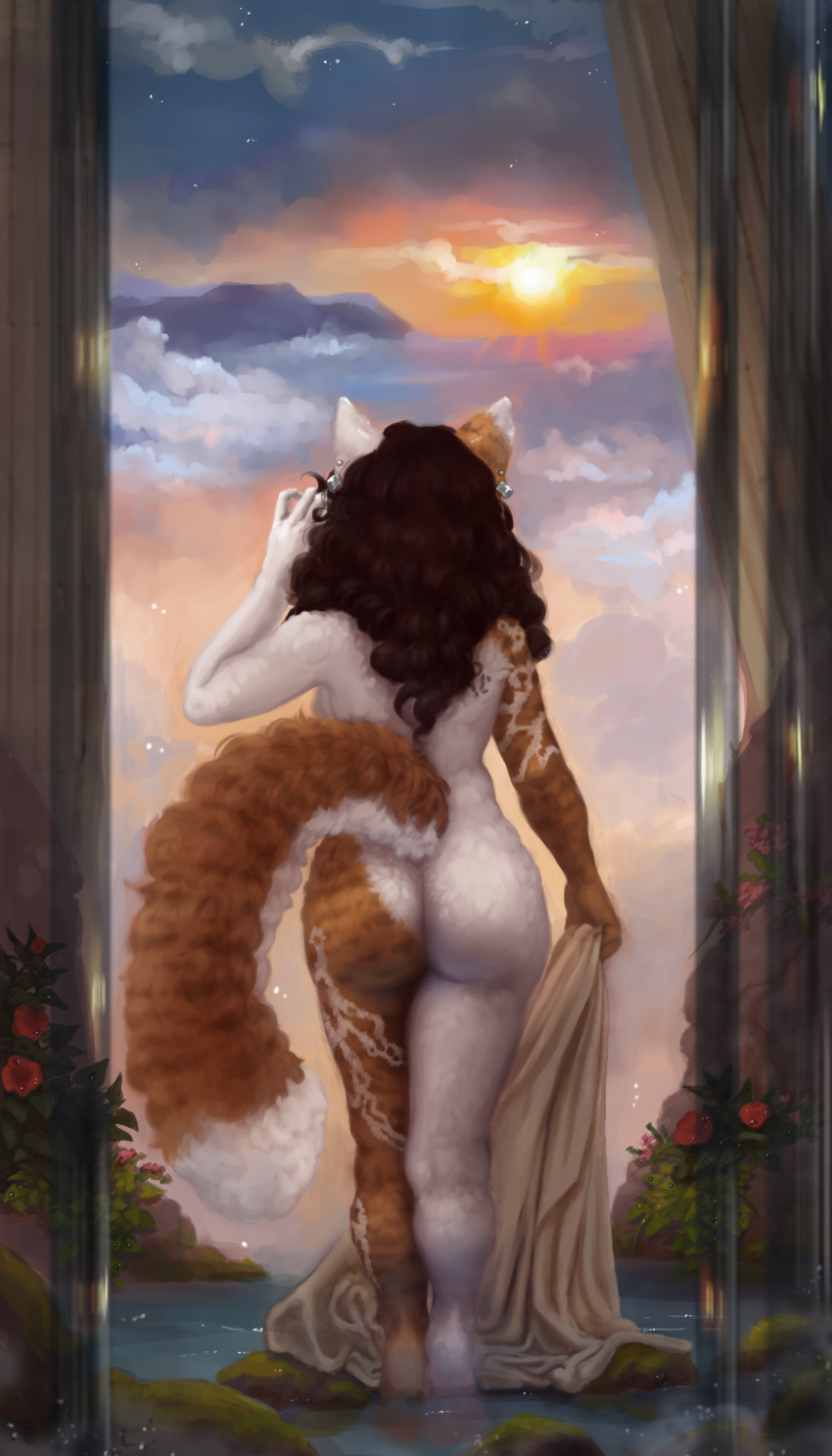 absurd_res anthro breasts butt cloud day dipstick_tail domestic_cat ear_piercing fabric felid feline felis female hair hi_res holding_object long_hair mammal multicolored_tail nude outside partially_submerged piercing raventenebris side_boob sky solo standing sun water