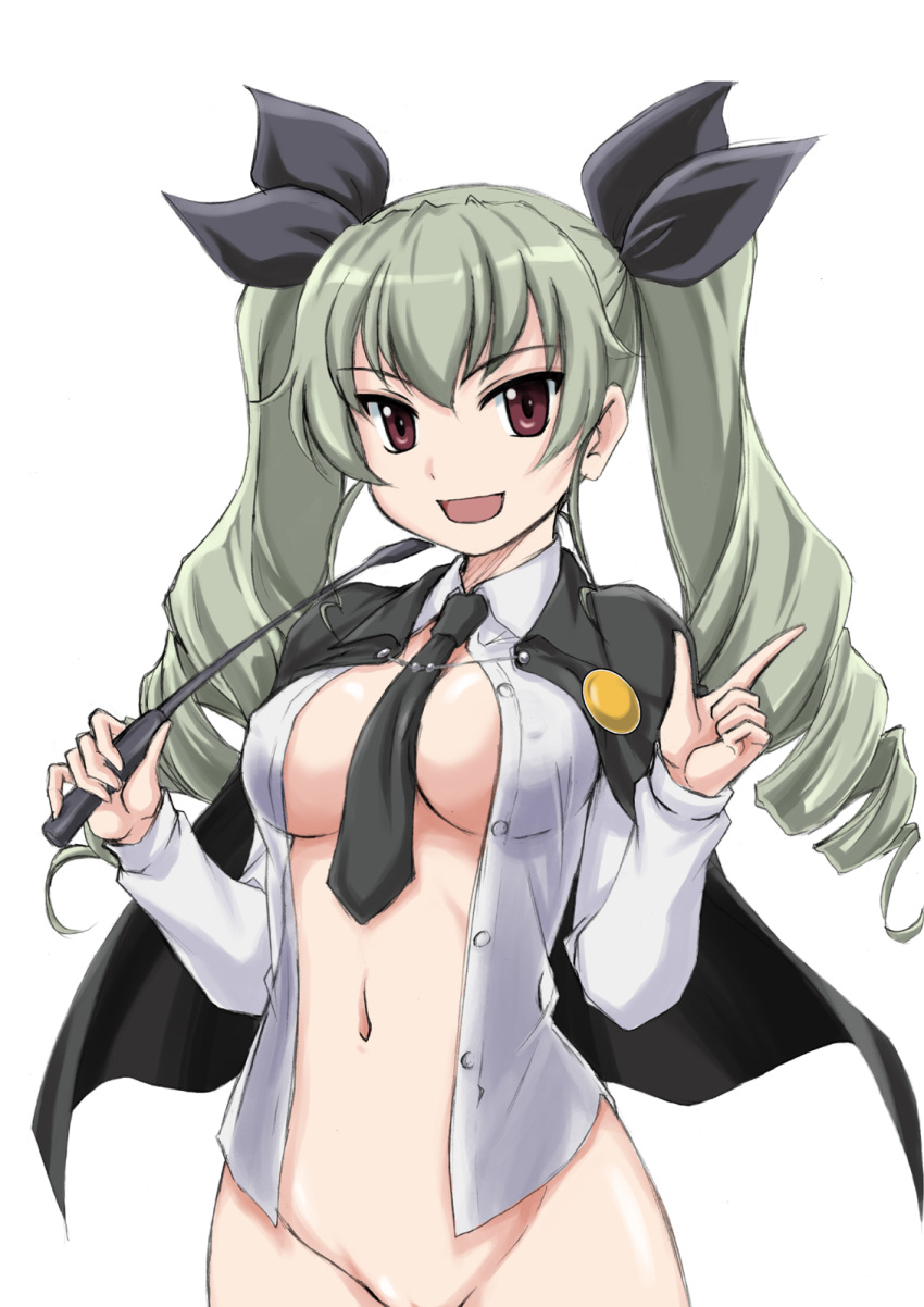 1girl :d anchovy bangs between_breasts black_cape black_neckwear black_ribbon bottomless breasts cape collared_shirt dress_shirt drill_hair erect_nipples eyebrows_visible_through_hair girls_und_panzer grey_hair groin hair_ribbon highres holding index_finger_raised long_hair long_sleeves looking_at_viewer medium_breasts naked_shirt navel necktie necktie_between_breasts no_bra open_clothes open_mouth open_shirt pussy_peek red_eyes ribbon riding_crop shirt simple_background smile solo stomach twin_drills twintails unbuttoned unbuttoned_shirt upper_body v-shaped_eyebrows wan'yan_aguda white_background wing_collar