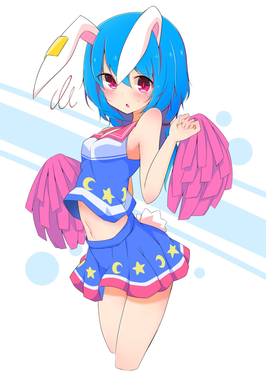 1girl animal_ears blue_hair blue_shirt blue_skirt blush bunny_ears bunny_tail cheerleader crop_top ear_clip highres inon long_hair low_twintails midriff miniskirt navel open_mouth pom_poms red_eyes seiran_(touhou) shirt skirt sleeveless sleeveless_shirt solo tail touhou twintails