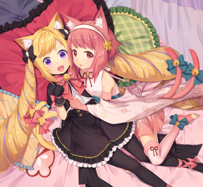 2girls :d animal_ear_fluff animal_ears bangs bed_sheet bell black_bow black_gloves black_jacket black_legwear black_skirt blonde_hair blue_bow blush bow cat_ears cat_girl cat_tail center_frills elbow_gloves elise_(fire_emblem_if) fang fingerless_gloves fire_emblem fire_emblem_if floral_print frilled_pillow frilled_skirt frills fur-trimmed_legwear fur_trim gloves hair_bow hair_ornament hairband jacket japanese_clothes jingle_bell kemonomimi_mode kimono long_hair looking_at_viewer multicolored_hair multiple_girls multiple_tails nintendo obi on_bed open_mouth pantyhose paw_pose pillow pink_bow pink_gloves pink_hair pink_kimono pink_legwear puffy_short_sleeves puffy_sleeves purple_eyes purple_hair red_eyes red_hair sakura_(fire_emblem_if) sash shirt short_hair short_sleeves sidelocks skirt smile streaked_hair swept_bangs tail tail_bell tail_bow thighhighs toeless_legwear transistor twintails two_tails very_long_hair white_hairband white_shirt