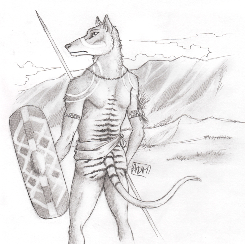 0laffson 2019 anthro butt_pose dasyuromorph hi_res holding_object holding_weapon male mammal marsupial mostly_nude shield solo standing thylacine traditional_media_(artwork) weapon