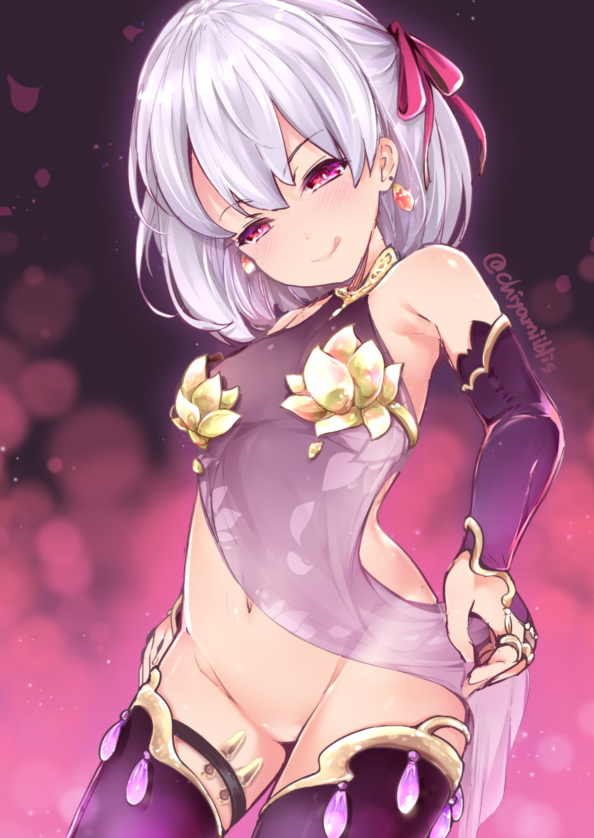 1girl absurdres armpits bangs bare_shoulders blush breasts bright_pupils chiyami closed_mouth condom cowboy_shot dress dress_lift earrings eyebrows_visible_through_hair fate/grand_order fate_(series) from_below gradient gradient_background hair_ornament half-closed_eyes hand_on_own_thigh highres jewelry kama_(fate/grand_order) lifted_by_self looking_at_viewer looking_down naughty_face navel no_panties no_pussy petite pink_ribbon presenting purple_background purple_dress purple_legwear red_eyes ribbon ring short_hair silver_hair small_breasts smile solo thighhighs twitter_username used_condom