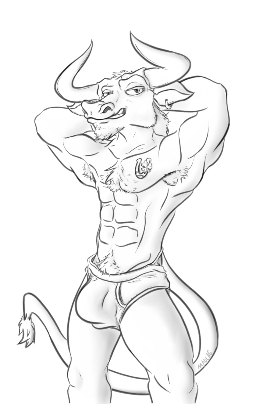 2019 abs anthro armpit_hair athletic biceps bovid bovine briefs bulge cattle chest_tuft clothed clothing digital_drawing_(artwork) digital_media_(artwork) ear_piercing front_view fur grin hi_res horn jewelry long_tail looking_at_viewer madlag male mammal markings monochrome mostly_nude muscular muscular_male pecs piercing pose pubes signature smile solo solo_focus standing tattoo teeth topless tuft underwear