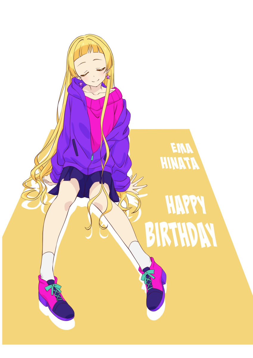 1girl aikatsu!_(series) aikatsu_friends! bangs blonde_hair blunt_bangs character_name collarbone commentary earrings eyes_closed full_body hair_down happy_birthday hashiguchi_hayato highres hinata_ema_(aikatsu_friends!) jacket jewelry long_hair purple_footwear purple_jacket purple_shorts shoes shorts sitting smile sneakers solo star star_earrings sweater very_long_hair