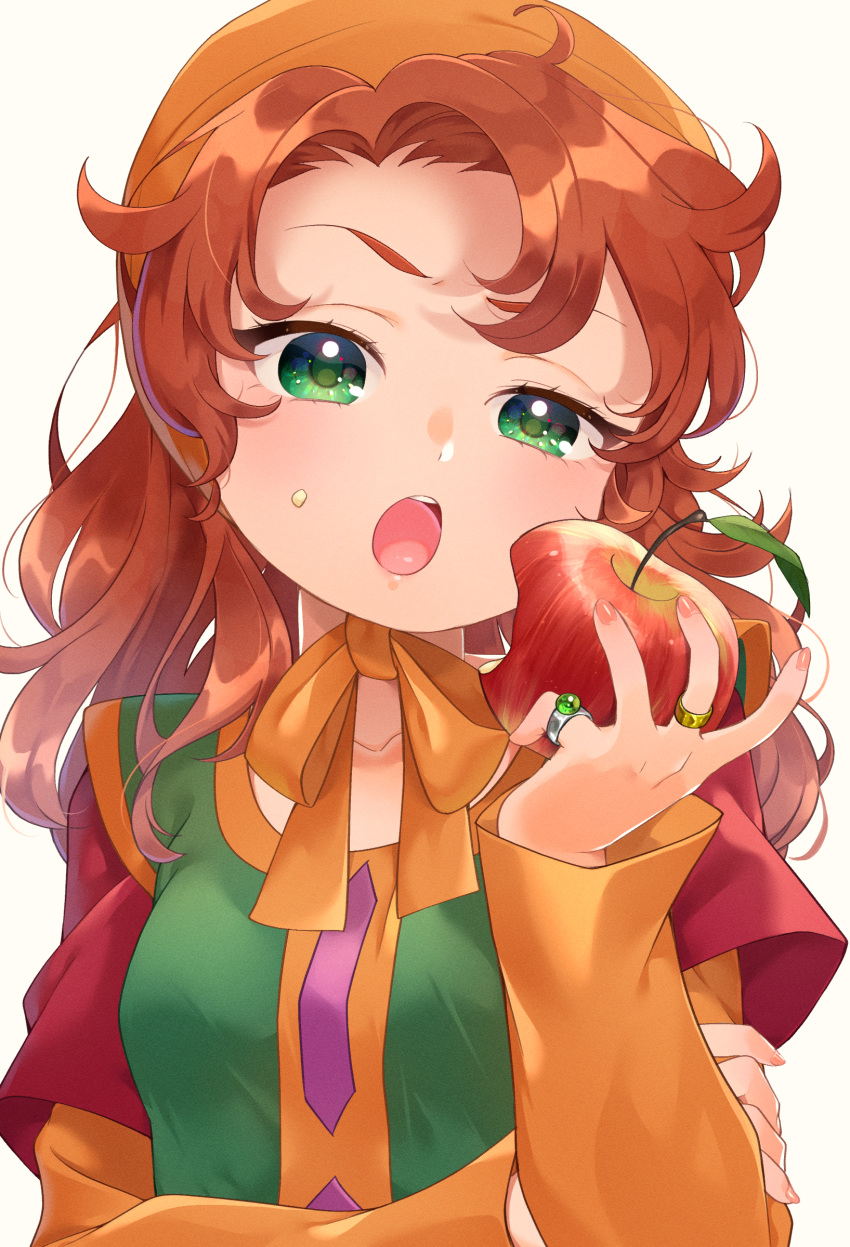 1girl apple breasts commentary_request curly_hair dragon_quest dragon_quest_vii dress food fruit green_eyes hat highres hood jewelry long_hair looking_at_viewer maribel_(dq7) open_mouth red_hair ring simple_background solo white_background yupiteru