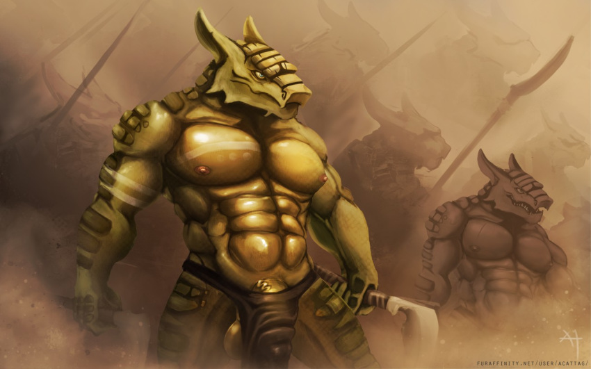 acattag angry army axes balls battalion battle claws clothing commander crocodile crocodilian exposed fight gang loincloth male markings melee_weapon multiple_(disabiguation) muscular navel nipples outline penis polearm reptile scales scalie spear stained sword tattoo teeth tribal war weapon