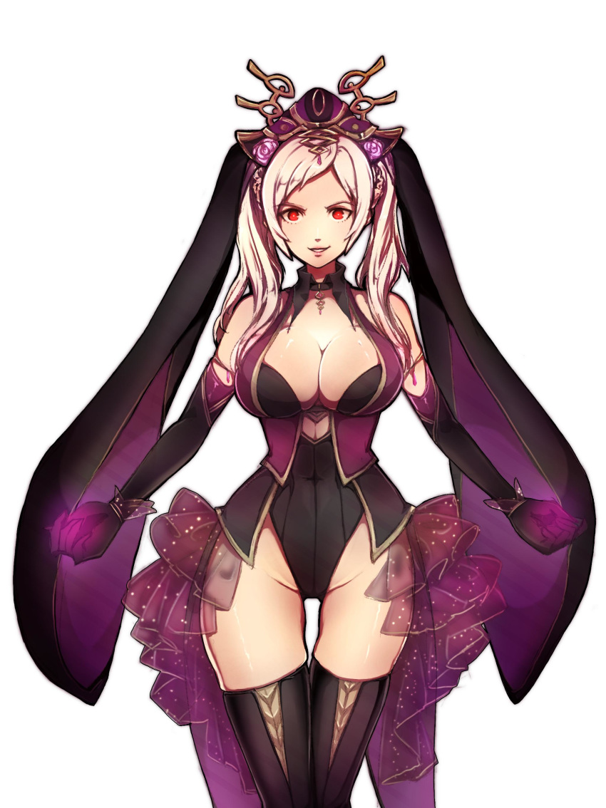 1girl absurdres animal_ears black_gloves black_legwear breasts bunny_ears cleavage cosplay fake_animal_ears female_my_unit_(fire_emblem:_kakusei) fire_emblem fire_emblem:_kakusei fire_emblem_heroes gimurei gloves hair_ornament hat highleg highleg_leotard highres ladyxhero large_breasts leotard loki_(fire_emblem_heroes) loki_(fire_emblem_heroes)_(cosplay) my_unit_(fire_emblem:_kakusei) nintendo parted_lips red_eyes simple_background solo twintails white_background white_hair